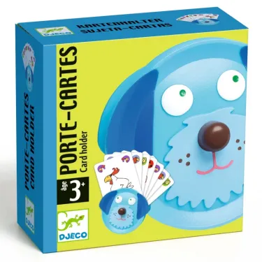 Boîtier bleu et jaune du porte-cartes DJECO DJO 5997 avec un chien en relief et des cartes de jeu, destiné aux enfants 3+.