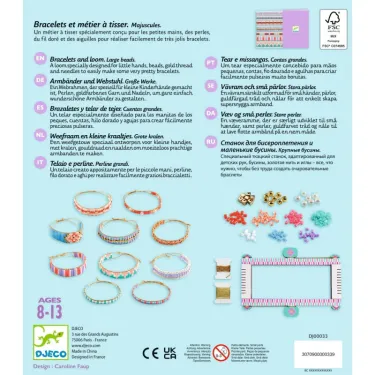 Bracelets et métier à tisser Majuscules DJECO 0033: kit de loisirs créatifs avec bracelets tissés colorés et accessoires pour perles, fil doré et petites perles.