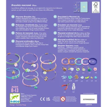 Bracelets en macramé bleus DJECO 0036: kit coloré avec bracelets macramé bleus, motifs fleurs et perles, destiné aux enfants 8-13 ans.