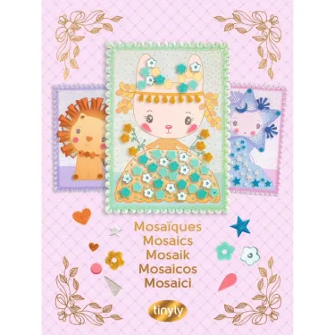 Mosaïques tinyly DJECO 6982 - Margo & Co : illustration pastel avec lapin décoré de fleurs et trois cadres mosaïques autour sur fond rose.