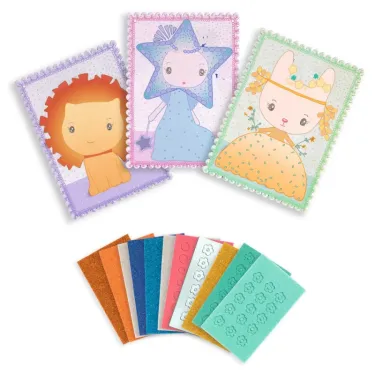 Trois kits Mosaïques DJECO 6982 Margo & Co avec leurs feuillets colorés et motifs pastel.
