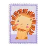 Carte décorative avec un lion orange en relief, sur fond violet à pois, bordure lacet violet.