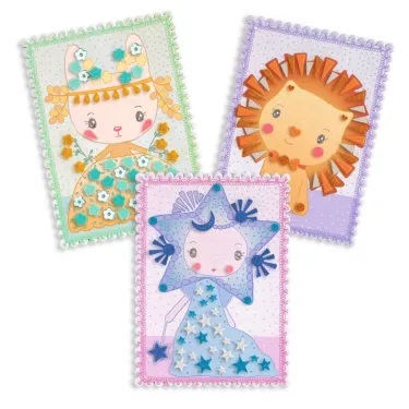 Trois toiles décoratives Mosaïques tinyly DJECO 6982 - Margo & Co avec personnages animaux colorés et décoratifs en perles et fleurs.