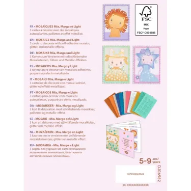 Mosaïques Mia, Margo et Light: coffret pastel - 3 cartes décorées avec mosaïques auto-adhesives et paillettes, jeux et encarts colorés.