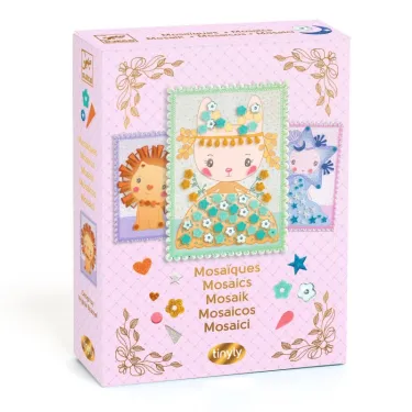 Mosaïques tinyly DJECO 6982 - Margo & Co: boîte rose pastel avec photos mosaïques d’animaux décoratifs et fleurs.