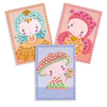Trois cartes de mosaïques “Stella & Co” DJECO 6983, en pastel avec petites filles mandalas et textures perlées.