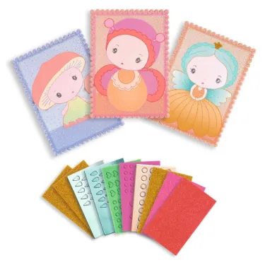 Mosaïques tinyly DJECO 6983 Stella & Co: trois cartes décoratives avec bébés fées pastel et kits de mosaïques colorés assortis.