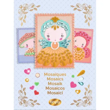 Mosaïques tinyly DJECO 6983, boîte illustrée Stella & Co avec 3 mosaïques décoratives en carton princesse pastel et motifs scintillants.