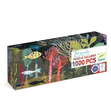 Puzzle 1000 pièces "Fish Paradise" DJECO 7694, boîte rectangulaire décorée d’un fond marin coloré avec des poissons et des coraux.