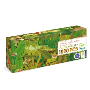 Puzzle Gallery 1000 pcs DJECO 7692, boîte rectangulaire illustrée de végétation tropicale dense, texte “Hidden in the nature”.