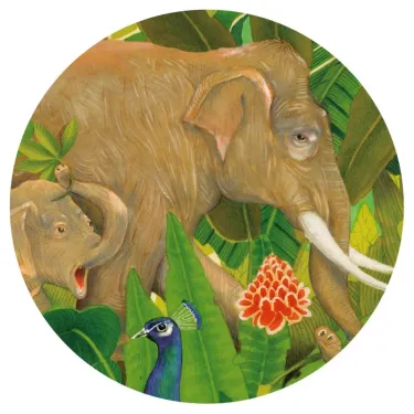 Éléphants dans la jungle luxuriante autour de fleurs rouges, perroquet bleu, herbes vertes et feuillage dense,en  rond design.