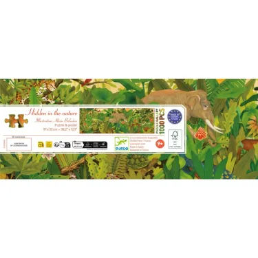 Puzzle Djeco 1000 pcs "Cachés dans la nature" avec jungle dense et animaux, décor d’un paysage verdoyant.