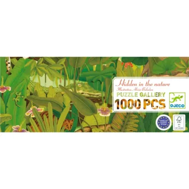 Puzzle de la Nature: 1000 pièces DJECO 7692, scène dense et lumineuse de jungle avec animaux camouflés.