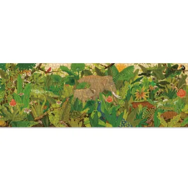 Puzzle de 1000 pièces "Cachés dans la nature" DJECO 7692, vue d’un paysage dense de végétation tropicale.