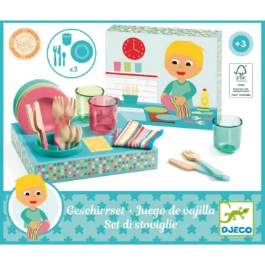 Set vaisselle jouet dinette DJECO 5522: vaisselle colorée et accessoires en bois, boîte décorative, sets et gobelets, accessible dès 3 ans.