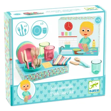 Kit vaisselle et dinette DJECO 5522 pour enfant +3, set coloré avec ustensiles et assiettes en bois et plastique.