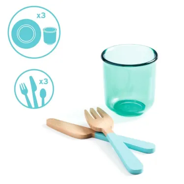 Set vaisselle et couverts en bois pour dinette DJECO 5522 avec gobelet turquoise, illustration bois et plastique, jouet enfant.