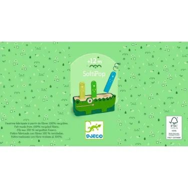SoftiPop DJECO 6491, jeu éducatif en forme de crocodile vert avec des piques colorées, publié par Djeco, sur fond vert clair.