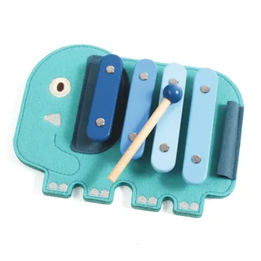 Xylophone pour enfant SoftiXylo DJECO 6493 en forme d’éléphant turquoise avec barres bleues et maillet, jouet musical éducatif.
