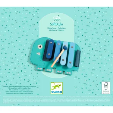 SoftiXylo Xylophone DJECO 6493 en forme de dinosaure turquoise avec tiges colorées et maillet, pour enfants, emballage bleu clair.