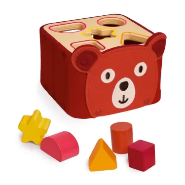 Boîte à formes DJECO 6492 SoftiShape rouge avec face d’ours, ouvertures sur le couvercle pour insérer des pièces géométriques colorées (étoile, demi-cercle, triangle, cube, cylindre).