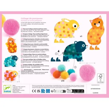 Verso de la bpîte: Collage de pompons "Animaux et ronds pompons" DJECO 0049 avec pompons colorés et animaux illustration au centre.