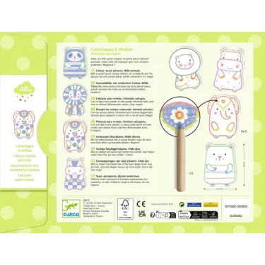 Verso de la pochette du Coloriages à révéler "Animaux sauvages" DJECO 0062, fond vert à pâtes et dessins d’animaux à colorier avec crayon.