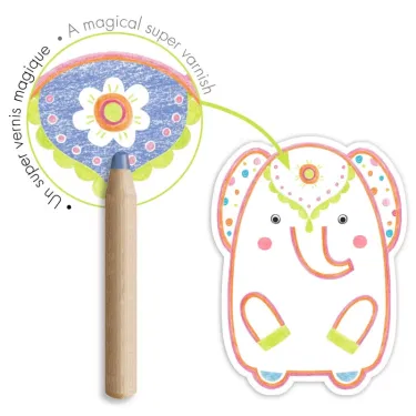 Coloriage à révéler "Animaux sauvages" DJECO 0062 : éléphant colorié avec crayon et motif révélateur sur fond blanc.