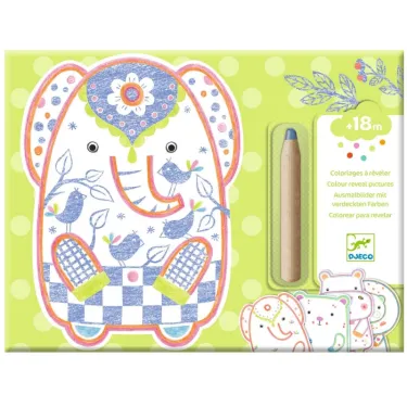 Coloriages à révéler « Animaux sauvages » DJECO 0062 : pochette vert clair avec éléphant dessiné en style coloriage à révéler, crayon intégré et motifs d’animaux sur le côté.