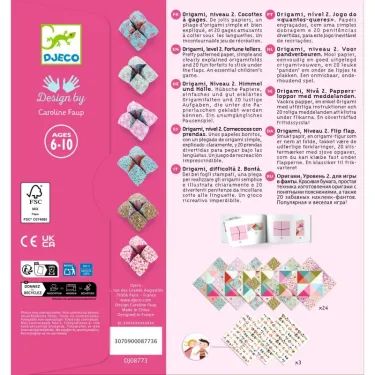 Initiation à l'Origami Cocottes à gages DJECO 8773, jeu rose avec instructions multilingues et pièces d’origami en forme de petites cocottes colorées.