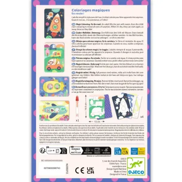 Coloriages magiques à l'eau "En route !" DJECO 9074, affichage recto coloré avec diverses activités artistiques et détails gais.