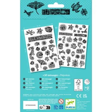 Tatouages Polynésie DJECO 9248: planches de tatouages temporaires noir et blanc sur fond turquoise, montrant plus de 50 motifs inspirés de la Polynésie.