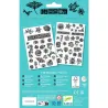 Tatouages Polynésie DJECO 9248: planches de tatouages temporaires noir et blanc sur fond turquoise, montrant plus de 50 motifs inspirés de la Polynésie.