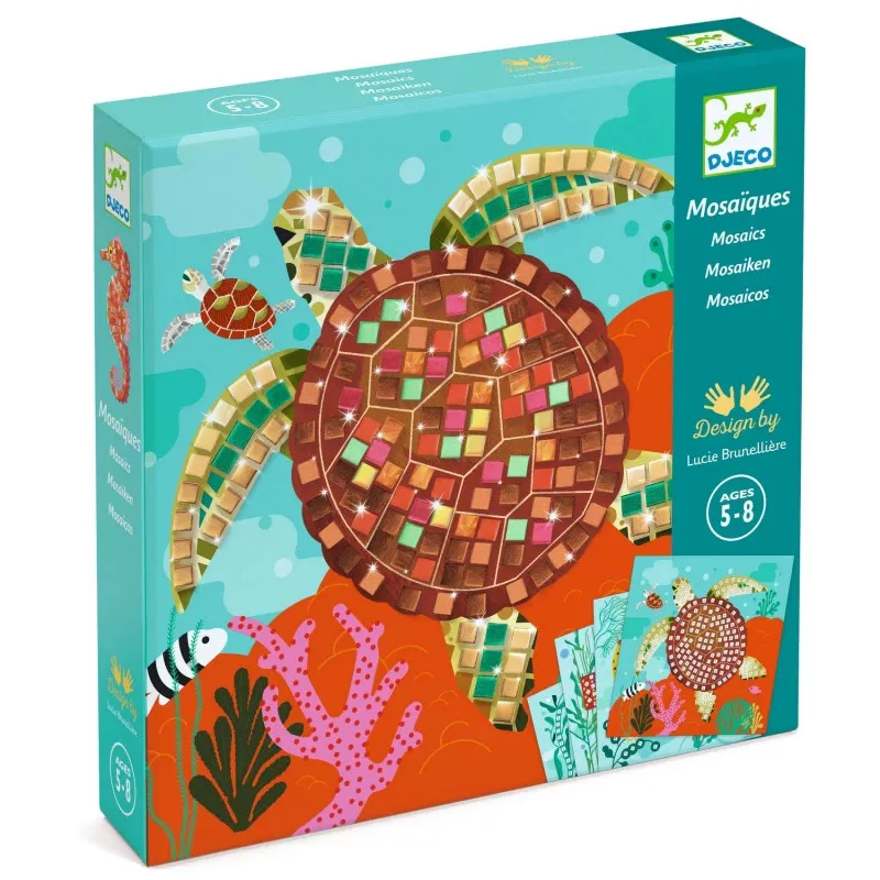 Mosaïque Caraïbes DJECO 9427: tortue colorée en mosaïques sous-marine, design par Lucie Brunellière, boîte décorative pour enfants 5–8 ans.