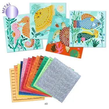 Ensemble de mosaïques Caraïbes Mosaïques DJECO 9427 avec poissons colorés et coraux sur fond bleu, et feuilles de papier métallisé multicolore (12 sets).