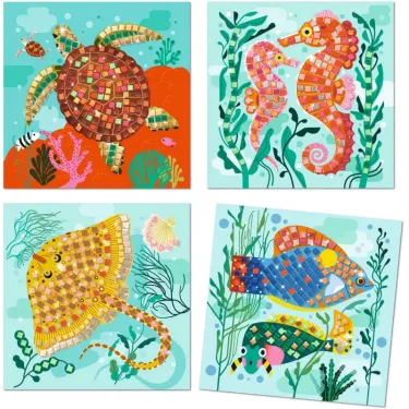 Quatre tableaux mosaïques Caraïbes Mosaïques DJECO 9427: tortue et poissons colorés sous-marins, mosaïques scintillantes et coraux.