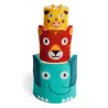 SoftiTotem – Cubes gigognes DJECO 6495: composée de trois cubes empilables en peluche représentant des animaux colorés (girafe jaune, lion rouge et éléphant turquoise)