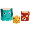 SoftiTotem - Cubes gigognes DJECO 6495: trio de cubes gigognes en feutrine et bois à motifs animaux (éléphant bleu, girafe jaune, tigre rouge) pour bébé.