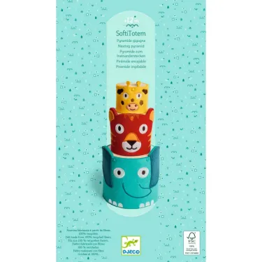 SoftiTotem - Cubes gigognes DJECO 6495: trois cubes gigognes colorés en forme d’animaux empilables, doux et peints, sur fond turquoise.