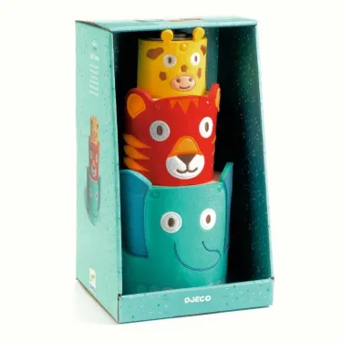 SoftiTotem - Cubes gigognes DJECO 6495: triocases en forme d’animaux colorés empilés dans une boîte turquoise.