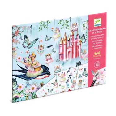 Décalcomanies au pays des fées DJECO 9566, boîte cadeau rose et bleu avec château, fées, papillons et décorations à coller.