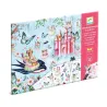 Décalcomanies au pays des fées DJECO 9566, boîte cadeau rose et bleu avec château, fées, papillons et décorations à coller.