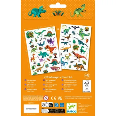 Tatouages Dino Club DJECO 9598: planches de tatouages dinosaures colorés, livrées dans un emballage orange, livré avec deux feuilles de petits stickers, dès 3 ans.