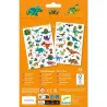Tatouages Dino Club DJECO 9598: planches de tatouages dinosaures colorés, livrées dans un emballage orange, livré avec deux feuilles de petits stickers, dès 3 ans.