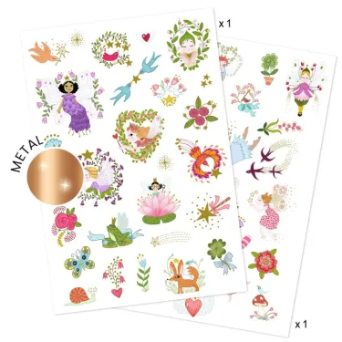 Tatouages « Fairy Friends » DJECO 9599: planches décoratives métalliques avec fées, fleurs, papillons et animaux colorés.