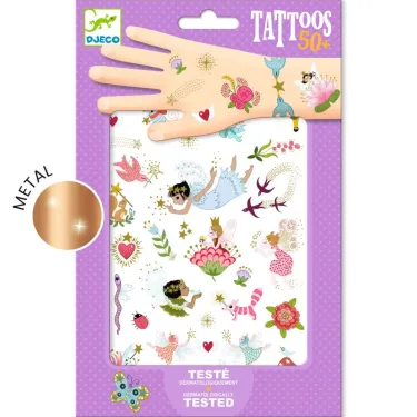 Tatouages « Fairy Friends » DJECO 9599 sur tableau violet, motifs féériques et papillons à tester sur la peau.