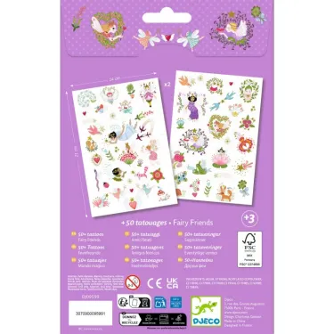Tatouages éphémères « Fairy Friends » DJECO 9599, emballage violet avec deux planches de motifs féériques et dessins d’êtres fantastiques.