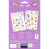 Tatouages éphémères « Fairy Friends » DJECO 9599, emballage violet avec deux planches de motifs féériques et dessins d’êtres fantastiques.