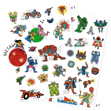 Autocollants colorés de Super-Héros et Vilains dans Tatouages 'Heroes vs villains' DJECO 9614, figures et véhicules dynamiques.