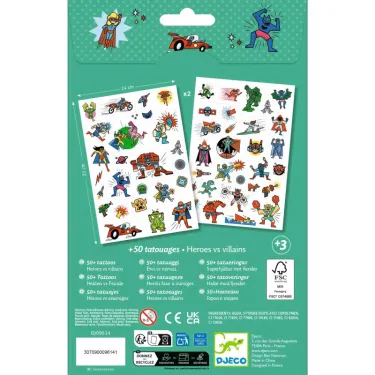 Tatouages 'Heroes vs villains' DJECO 9614 : planchettes avec 50+ tatouages héros contre vilains, couleurs vives et motifs super-héros.